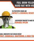 Full Brim Hard Hat With Adjustable Visor And Face Shield Made In USA ANSI Z87 1 20 OSHA Compliant rugged yellow with mannequin