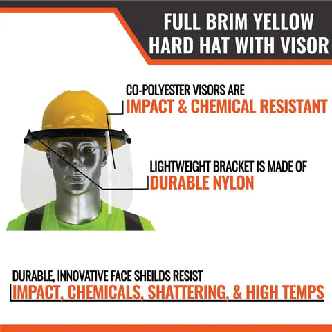 Full Brim Hard Hat With Adjustable Visor And Face Shield Made In USA ANSI Z87 1 20 OSHA Compliant rugged yellow with mannequin