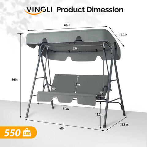 Outdoor Porch Swing With Adjustable Canopy And Durable Steel Frame On Heavy Duty Stand For Patio Backyard Or Garden dimensions chart