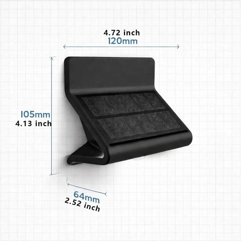 Front view of Solar Motion Sensor Security Light Outdoor With Lens LED Waterproof Wireless Wall Light with dimensions displayed