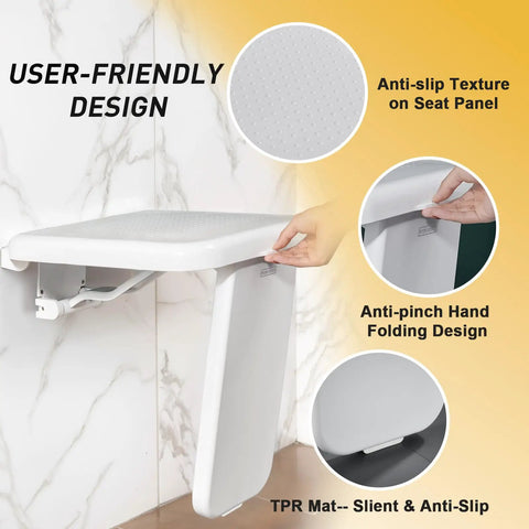 Folding Shower Chair Wall Mounted Fold Down Bath Seat With 440 Lb Capacity showcasing anti-slip, hand folding design, mounted