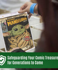 Person holding Star Wars comic, showcasing Current Size Comic Book Display Case Holder Magnetic Protector With Diamond Corners