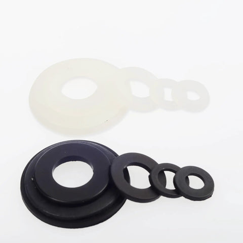 420 Piece Nylon Flat Washer Set in black and white for M2 through M12 screws and bolts, showing durable nylon washers.