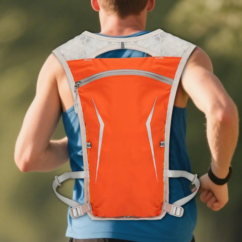 Runner wearing orange Hydration Pack For Runners Lightweight Hydration Backpack With Water Reservoir And On The Go Hands Free Sip Valve