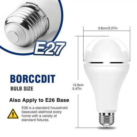 Emergency Rechargeable LED Light Bulb With Battery Backup To Keep The Lights On During Power Outages 12W 6500K Cool White with E27 base dimensions