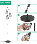 Easy installation of Dope Industrial Tree Floor Lamp With Three Teardrop Cage Heads, focusing on base assembly and bulb insertion.