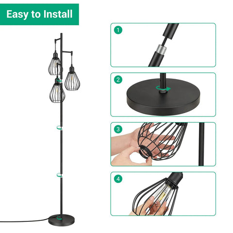 Easy installation of Dope Industrial Tree Floor Lamp With Three Teardrop Cage Heads, focusing on base assembly and bulb insertion.