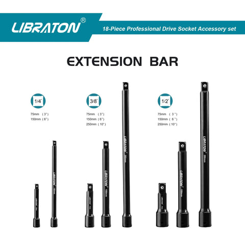 18 Piece Socket Extension And Ratchet Set With Impact Adapters And Swivel Sockets For Quarter Inch Three Eighths Inch And Half Inch Drives Includes Universal Joints And Adapters Heavy Duty Pro Grade Drive Accessories showing extension bars