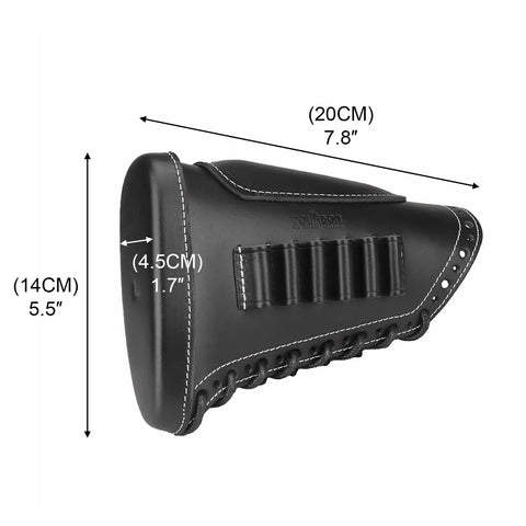 Leather Recoil Pad With Shell Holder For Rifle Buttstock Cheek Riser, Lace On, Black, Holds Up To Six Shells, Adjustable Strap
