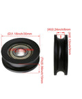Four Piece U Type Black Pulley Wheel Set With 8mm Shaft Hole And 30mm Diameter For Smooth Rolling Rails Heavy Duty Replacement Roller Bearing Max Load 99kg Ideal For DIY Projects Equipment Upgrades And Garage Setups shown front and side