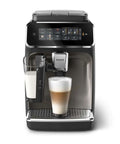 Glossy black fully automatic espresso machine with LatteGo milk system, touch display, ceramic grinder, AquaClean filter.
