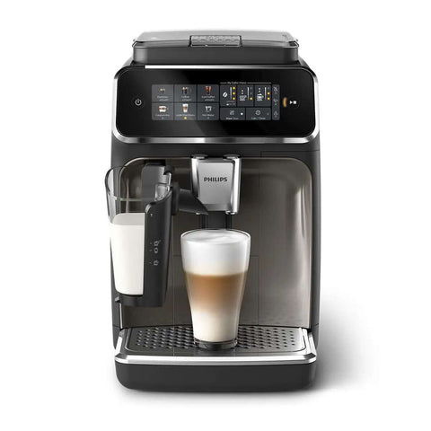 Glossy black fully automatic espresso machine with LatteGo milk system, touch display, ceramic grinder, AquaClean filter.