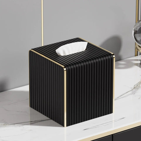 Black Square PU Leather Tissue Box Cover With Gold Tone Edging Luxury Vibe For Living Room Bedroom Bathroom Desk Or Office Coffee Table Decor