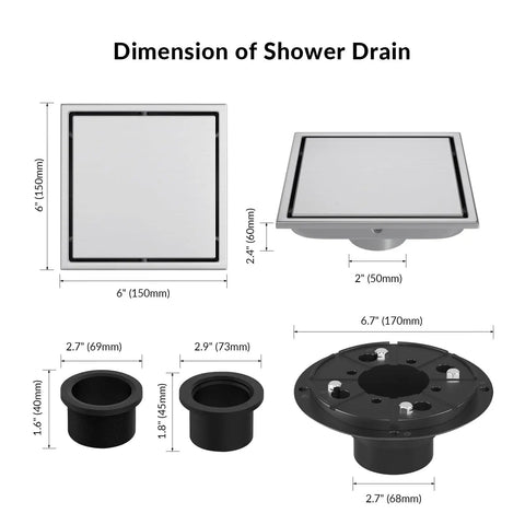 Dimensions of 6 Inch Square Shower Drain With Flush Mount Tile Grate And Heavy Duty Hair Catcher in brushed nickel stainless steel.