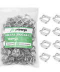 Kickass 100 Pack Three Quarter Inch Steel Wire Buckles For Woven Cargo Straps With Heavy Duty Load Rating and Reusable Quick Release Design For Securing Truck Gear in a clear bag.