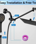 12 Inch High Pressure Square Shower Head With 6 Function Adjustable Handheld Spray, 13 Inch Extension Arm, and components shown.