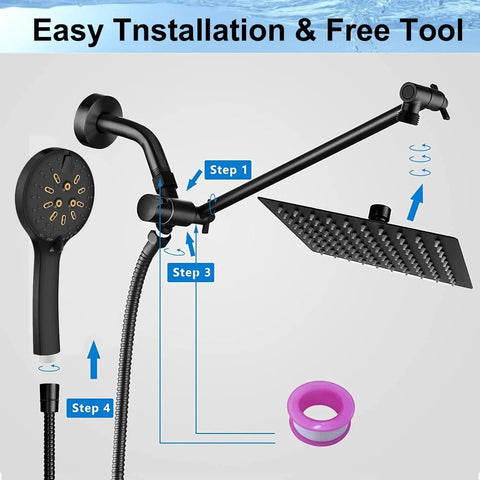 12 Inch High Pressure Square Shower Head With 6 Function Adjustable Handheld Spray, 13 Inch Extension Arm, and components shown.