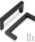 102mm Center To Center Matte Black Stainless Steel Cabinet Handles Pack Of 10, 4 Inch Drawer Pulls and screws displayed