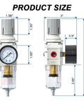 1/4 Inch NPT Air Filter Regulator Combo With Piggyback, 5 Micron Brass Element, Semi Auto Drain, AW2000-02, front and side view