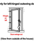 Diagram of left-hinged outswing door for Solid Brass Lever Door Handle Set For Screen And Storm Doors With Mortise Lock Only