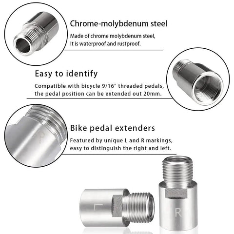 Bike Pedal Extenders Set For 9 Sixteenth Inch Threaded Pedals Chrome Molybdenum Steel Pedal Adapters Extended By 20mm CNC Machined Waterproof And Rust Resistant Durable Bike Pedal Accessories Pair For Comfort And Stability
