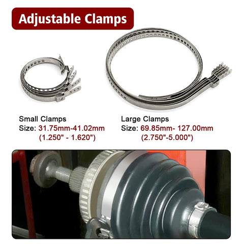 Go-To CV Joint Axle Boot Clamp Pliers Tool With 24 Crimp Bands Ear Type Extension showing adjustable clamps sizes