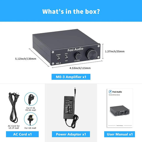 M03 200 Watt Subwoofer Amplifier With TPA3255 For Home Theater, showing amplifier, power adaptor, AC cord, user manual