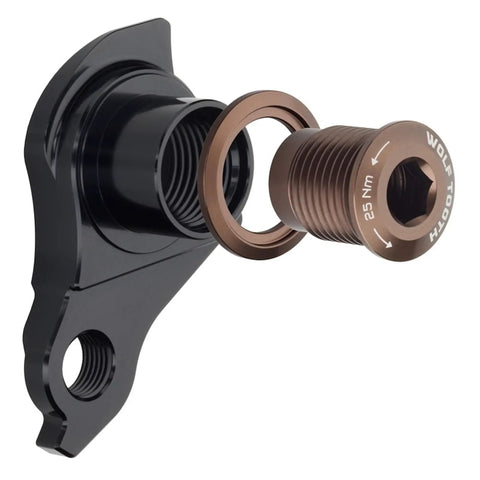 Universal Derailleur Hanger UDH For Road Gravel And Mountain Bikes In Espresso Color, CNC Machined Upgrade That Rotates Back When Crashed To Protect Derailleur And Frame, No Fuss Install And Durable Bike Accessory, showing CNC machined hanger with bolt and washer.
