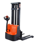 Top Shelf 98 Inch Max Lifting Height Full Electric Walkie Stacker With Straddle Legs And Adjustable Forks Heavy Duty 2640 Pounds Load Capacity Industrial Material Lift For Warehouse Operations Smooth Walking Balance - angled view of stacker with control handle