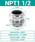 Cable Gland NPT1 Half Inch Nickel Plated Brass Waterproof Glands IP68 with size details for 32-38mm cables