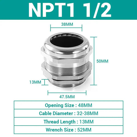 Cable Gland NPT1 Half Inch Nickel Plated Brass Waterproof Glands IP68 with size details for 32-38mm cables