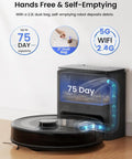 LiDAR Robot Vacuum And Mop Combo with Auto Self-Empty Dock next to a dust bag showing up to 75-day capacity and dual WiFi support.