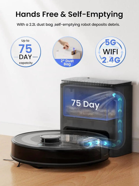 LiDAR Robot Vacuum And Mop Combo with Auto Self-Empty Dock next to a dust bag showing up to 75-day capacity and dual WiFi support.