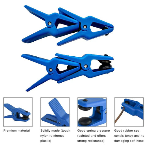 Fluid Line Stopper Kit One Half Inch Three Eighths Inch Five Sixteenths Inch Banjo Stopper Plugs blue nylon clamps detail view