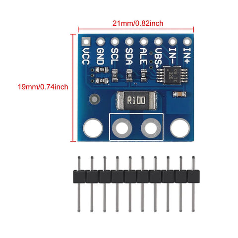 BiDirectional Current And Power Monitor Module Pack Of 5 With 0V to 36V Sensing And I2C Alarm, 20A Range showing dimensions