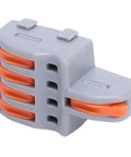 20 Pack Push In Wire Connectors 1 To 4 Out Electrical Terminal Block Copper Conductor Splitter For Recessed Fixtures And Auto Wiring Quick Lock No Sweat Install Heat Resistant Shell Orange, showing a gray connector with orange clips.