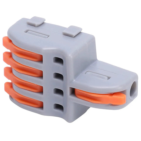20 Pack Push In Wire Connectors 1 To 4 Out Electrical Terminal Block Copper Conductor Splitter For Recessed Fixtures And Auto Wiring Quick Lock No Sweat Install Heat Resistant Shell Orange, showing a gray connector with orange clips.