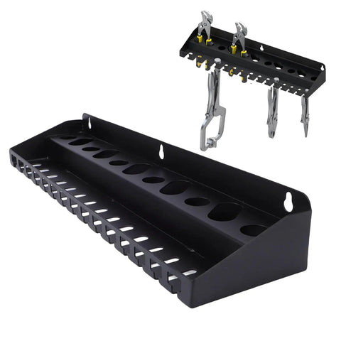Vice Grip Holder Wall Mount for Pliers, Heavy Duty Metal Tool Rack With 3 Slot Sizes shown with pliers in garage setup