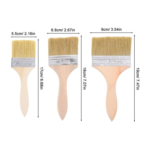 Three Piece Paint Brush Set For Deck, Fence, Wall Stain, Durable Wood Handle Workhorse Brushes With Comfortable Grip For Indoor Outdoor Projects, Perfect For Staining, Painting, And Wood Finishing showing 5.5cm, 6.8cm, 9cm bristle widths.
