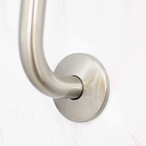 Close-up of High Rise Shower Head Extension Arm With Flange 10.5 Inch Gooseneck S Shaped Design In Stainless Steel Half Inch Connection