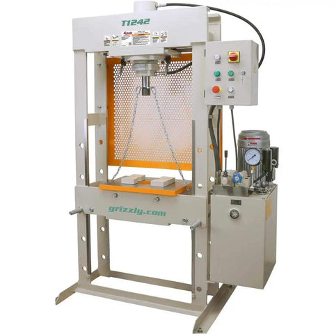 No Nonsense 30 Ton Electric Hydraulic Shop Press Heavy Workhorse For Auto Shop Repair featuring a robust steel frame and motor.