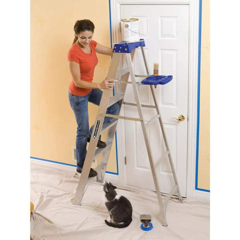 AS2108 Aluminum Stepladder With 250-Pound Duty Rating, 8 Foot Reach, Lightweight Yet Sturdy Workhorse, Anti Slip Feet With Thick Rubber Treads, Pro Top Design For Safer Home And Jobsite Use, woman painting on ladder