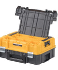 TSTAK Long Handle Tool Storage Organizer For Pro Style Gear With Flexible Platform, yellow plastic box open, showing dividers.
