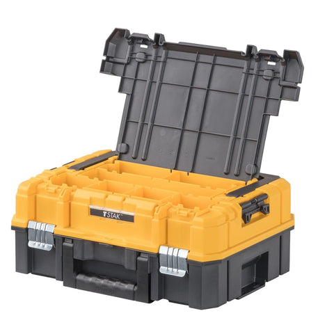 TSTAK Long Handle Tool Storage Organizer For Pro Style Gear With Flexible Platform, yellow plastic box open, showing dividers.