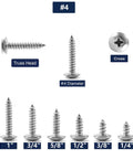 Top Grade Heavy Duty 100 Pack Stainless Steel Wood Screws Number 4 Quarter Inch Truss Head Phillips Drive showing various sizes.