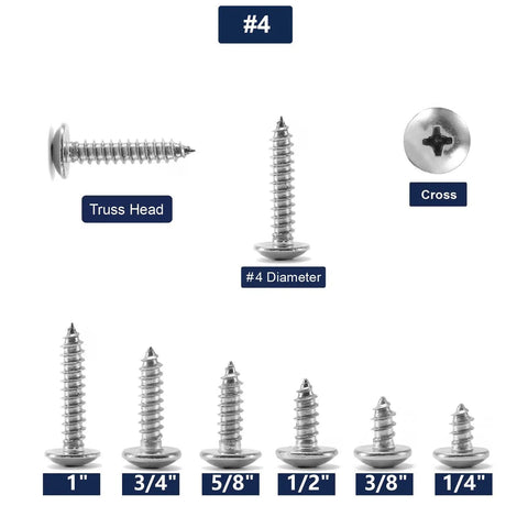Top Grade Heavy Duty 100 Pack Stainless Steel Wood Screws Number 4 Quarter Inch Truss Head Phillips Drive showing various sizes.