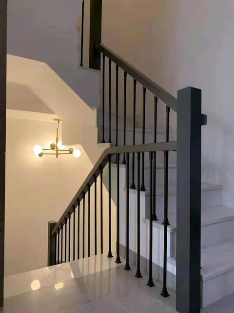 Staircase with Flat Base Baluster Shoes For Half Inch Square Balusters Satin Black Iron Stair Parts and Screws