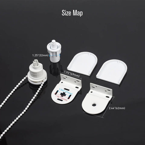 Quick Fix Roller Shade Repair Kit With Snappy Clutch Bracket And Solid Steel Components For Thirty Two Millimeters Outer Diameter Aluminum Tubes Hassle Free Install Heavy Duty size map showing components and measurements.