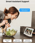 Woman interacting with smart display showing 2K Outdoor Video Doorbell Camera With 5G And 2.4G WiFi, Wired Setup, Smart Detection image.