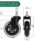 Replacement Office Chair Casters Set Of 5 With Rubber Wheels And Threaded Stem Three Eighths Inch Imperial Threads Per Inch Quiet Smooth Gliding Safe On Wood Hardwood And Carpet Floors No Chair Mat Needed. Image of a caster with dimensions showing 3/8 inch threaded stem, black wheel and specifications.